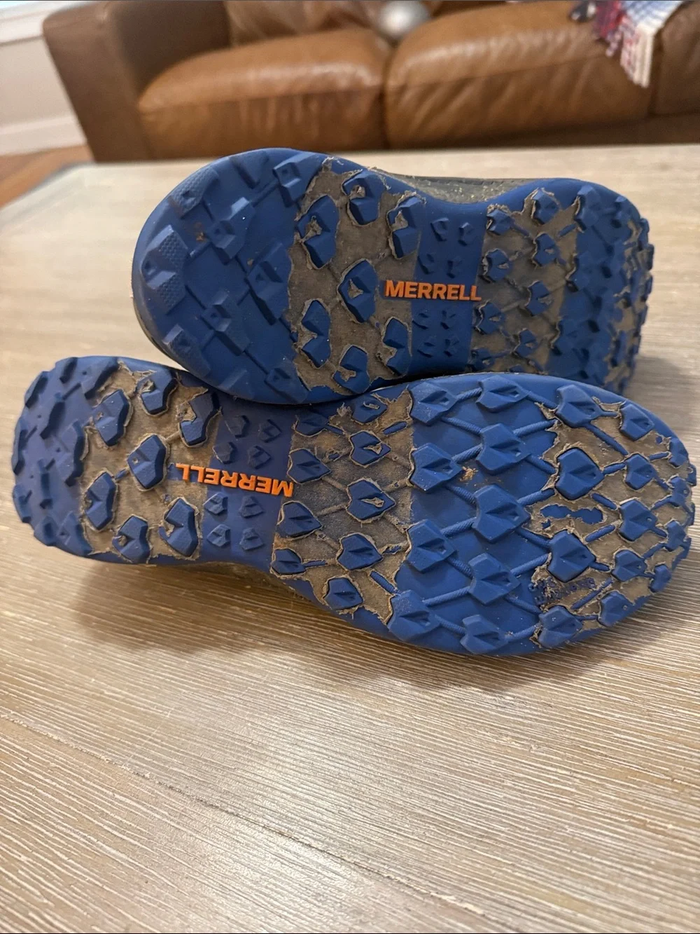 Merrell Men's Gray and Blue Trail Sneaker with Orange Accents